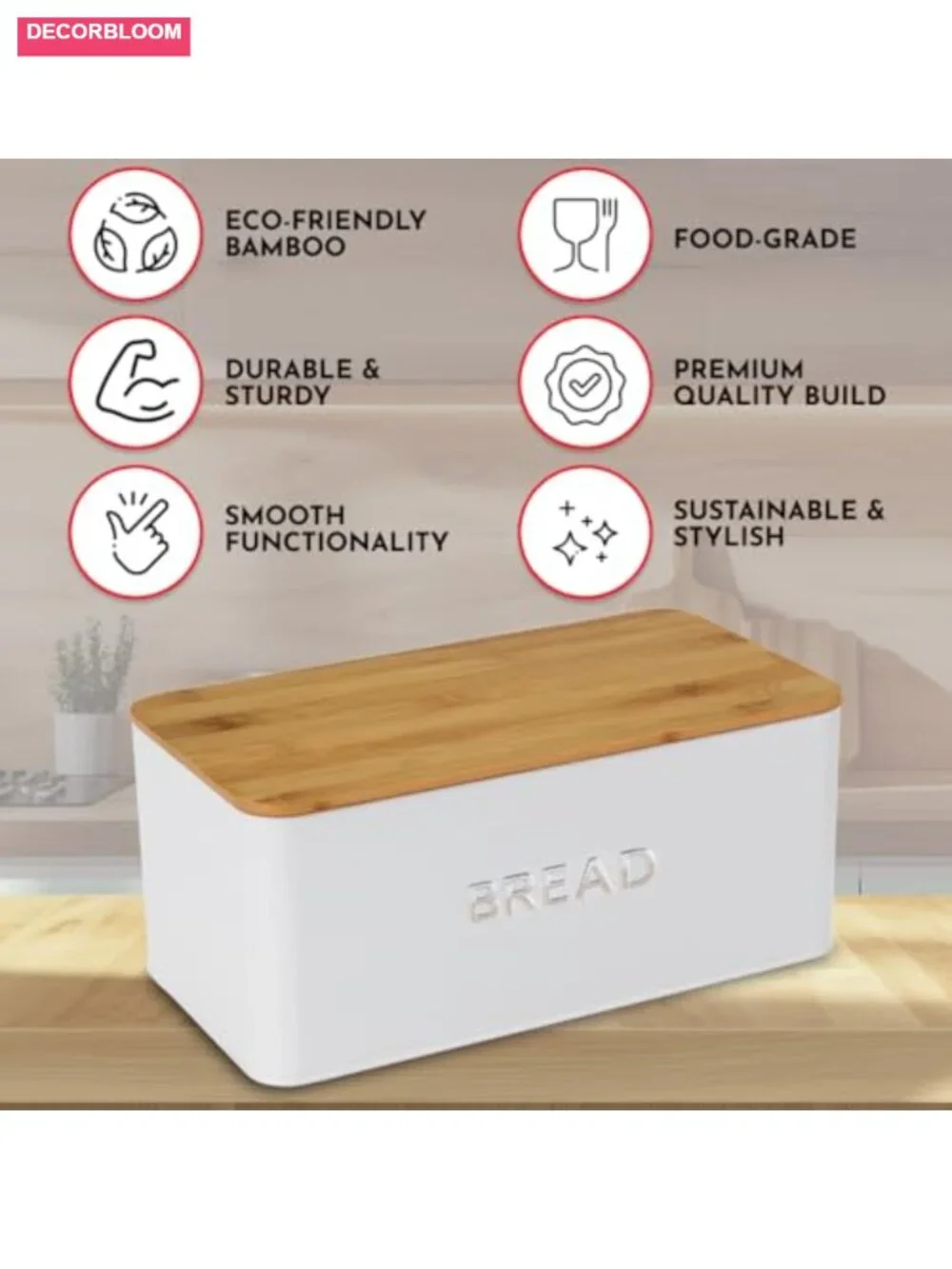 Bamboo Lid Bread Box for Kitchen Countertop, Stainless Steel, Airtight Storage